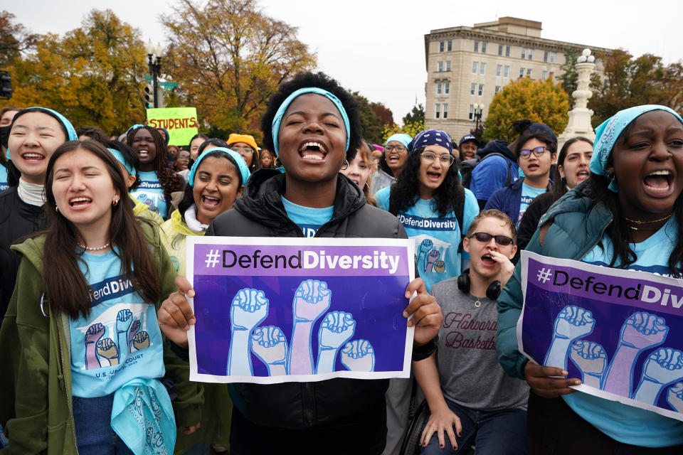 Activists rally outside the Supreme Court on Oct. 31, 2022, as the justices hear oral arguments in the affirmative action cases involving Harvard and the University of North Carolina at Chapel Hill.  (Shuran Huang / The New York Times via Redux)