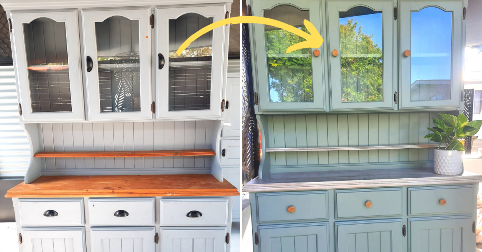 A before and after shot of an upcycled sideboard using Kmart handles, showing a white finish painted over with sage green.