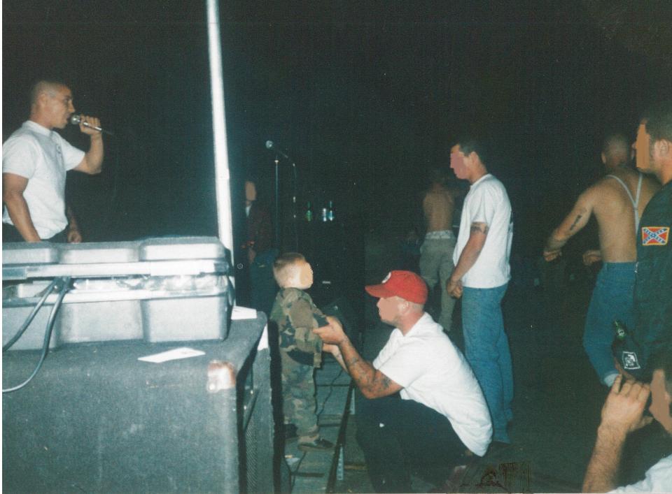 Chuck Leek sings with Hammerskin band Battle Axe at “Aryan Fest” in the mid-1990s. (Photo: Chuck Leek)