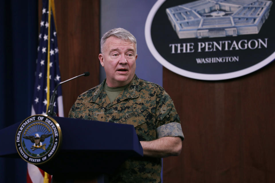 Marine Corps Gen. Kenneth F. McKenzie, commander of U.S. Central Command, talks to journalists about the military response to rocket attacks that killed two U.S. and one U.K. service members in Iraq during a news briefing at the Pentagon March 13, 2020 in Arlington, Virginia. (Chip Somodevilla/Getty Images)