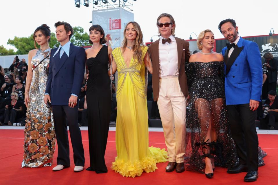 The cast of ‘Don’t Worry Darling’ at Venice (AP)