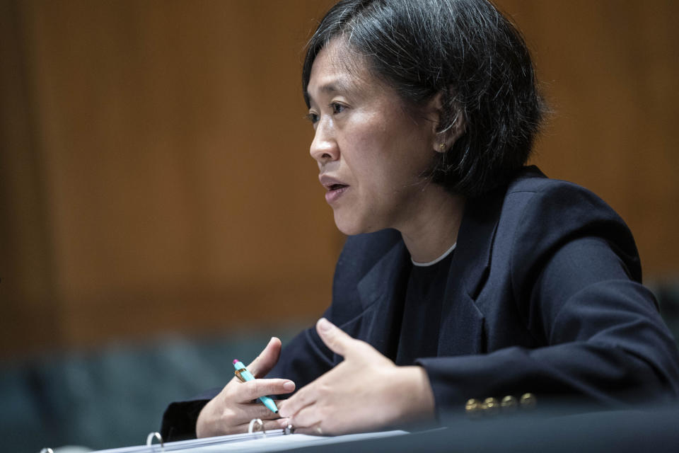 U.S. Trade Representative Katherine Tai testifies during a Senate Appropriations subcommittee on Commerce, Justice, Science, and Related Agencies hearing on the proposed budget for fiscal year 2022 for the Office of the U.S. Trade Representative on Capitol Hill on Wednesday, April 28, 2021, in Washington. (Sarah Silbiger/Pool via AP)