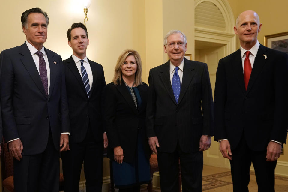 <span class="s1">Although the race has not yet been called, Rick Scott of Florida (right) posed for a photo Thursday in Washington with Senate Majority Leader Mitch McConnell (second from right) and, from left, Republican Sens.-elect Mitt Romney of Utah, Josh Hawley of Missouri and Marsha Blackburn of Tennessee. (Photo: Alex Wong/Getty Images)</span>