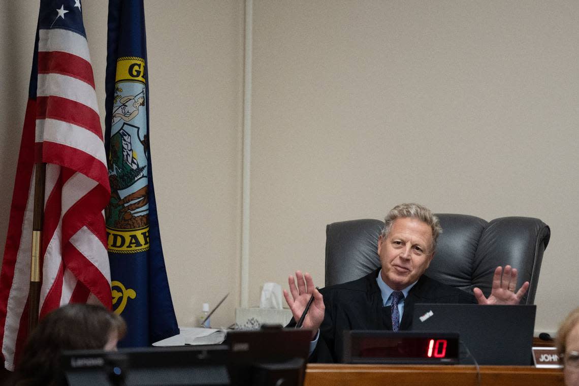 Judge John Judge of Idaho’s 2nd Judicial District oversees a hearing in Latah County Court for defendant Bryan Kohberger, who is charged with killing four University of Idaho students in November 2022, on Wednesday, Sept. 13, 2023, in Moscow, Idaho.