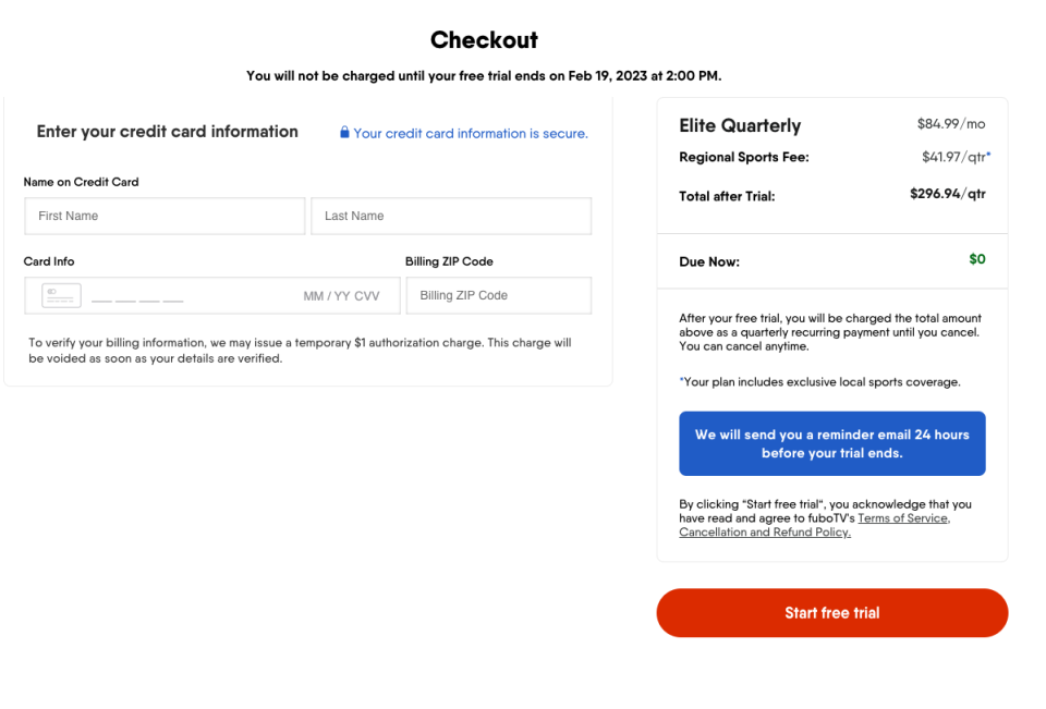 The Fubo TV signup process adds Regional Sports fees