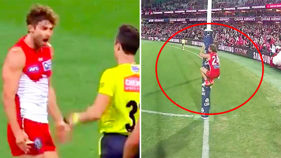 Dane Rampe was involved in two controversial AFL incidents on the weekend. (Images: AFLcomau/Channel7)