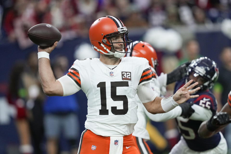 FILE - Cleveland Browns quarterback Joe Flacco (15) passes during the first half of an NFL football game against the Houston Texans, Sunday, Dec. 24, 2023, in Houston. (AP Photo/David J. Phillip, File)