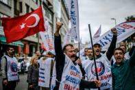 Demonstrators at a May Day rally in Sisli, a district of Istanbul, on the annual May Day holiday, as Turkey depolyed thousands of security and braced for trouble