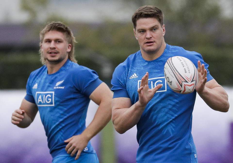 New Zealand rugby player Scott Barrett, right, trains at the Tatsuminomori Rugby Field in Tokyo, Japan. Thursday Oct. 24, 2019. New Zealand will face England in the Rugby World Cup semifinals on Oct. 26. (AP Photo/Aaron Favila)