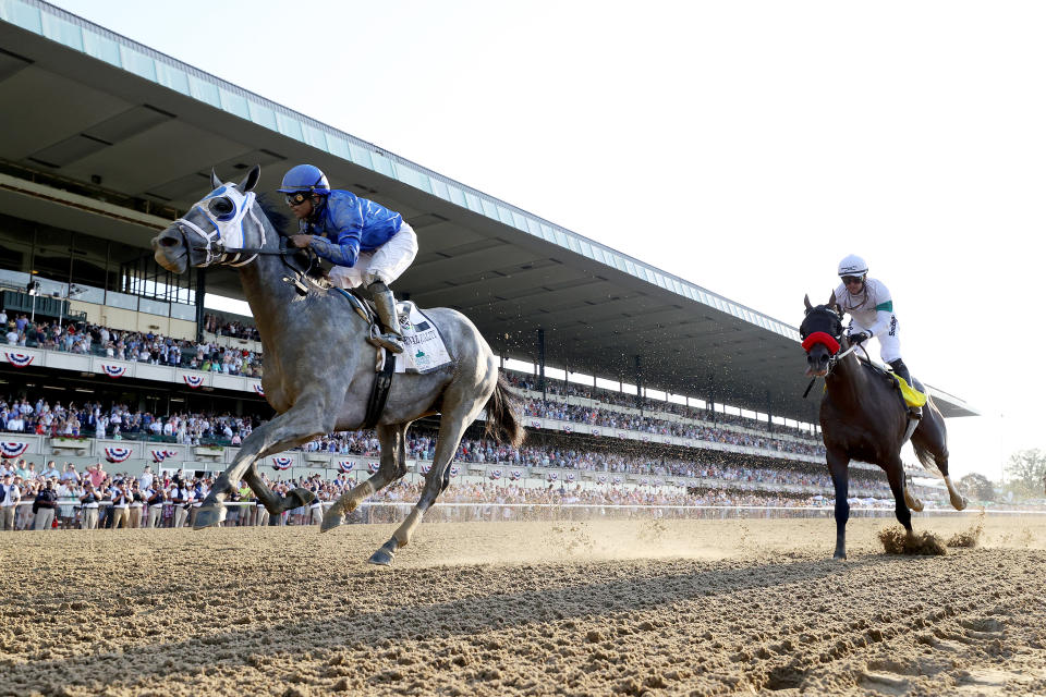 ELMONT, NEW YORK - JUNE 05:  Essential Quality with Luis Saez up wins the 153rd running of the Belmont Stakes as Hot Rod Charlie with Flavien Prat up finishes second  at Belmont Park on June 05, 2021 in Elmont, New York. (Photo by Al Bello/Getty Images)