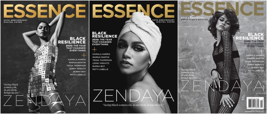 Zendaya, channeling Donyale Luna for Essence’s 50th anniversary issue, styled by Law Roach. (Cover images: <a href="https://www.essence.com/feature/zendaya-on-winning-her-emmy-activism-through-art-and-honoring-black-style-icons/" rel="nofollow noopener" target="_blank" data-ylk="slk:Essence;elm:context_link;itc:0;sec:content-canvas" class="link ">Essence</a>)