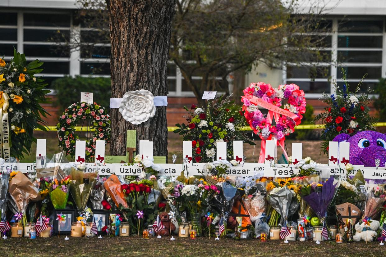 A memorial for the shooting victims at Robb Elementary School in Uvalde, Texas