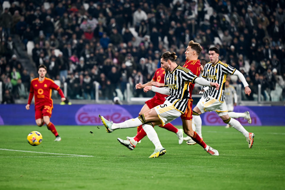 TURIN, ITALY - DECEMBER 30: Adrien Rabiot of Juventus scores his team's first goal during the Serie A TIM match between Juventus and AS Roma at Allianz Stadium on December 30, 2023 in Turin, Italy. (Photo by Daniele Badolato - Juventus FC/Juventus FC via Getty Images)