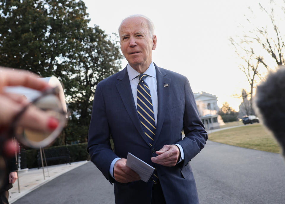 WASHINGTON, DC - JANUARY 11: U.S. President Joe Biden speaks on the FAA computer outage as he departs the White House on January 11, 2023 in Washington, DC. President Biden is accompanying First Lady Jill Biden to Walter Reed National Military Medical Center where she will undergo skin cancer treatment. (Photo by Kevin Dietsch/Getty Images)
