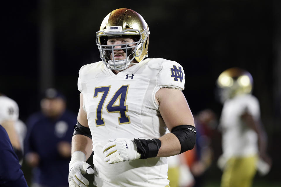 Notre Dame offensive lineman Liam Eichenberg isn't an elite athlete but has shown improvement as a pass blocker. (AP Photo/Gerry Broome)