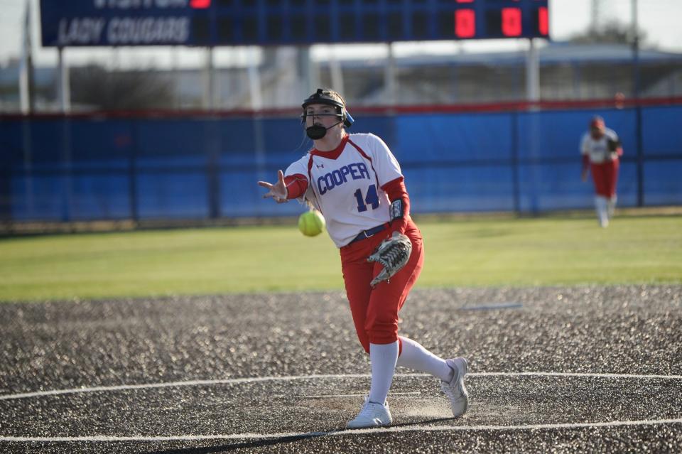 Cooper's Summer Simmons throws a pitch against Stamford on March 8.