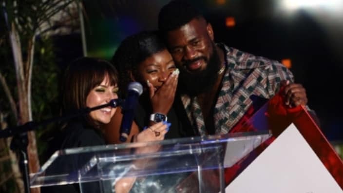 Logitech For Creators’ Meridith Rojas (left), Keara Wilson (center), creator of the “Savage” dance, and choreographer JaQuel Knight (right) at Tuesday night’s dinner event. (Photo Tommaso Boddi/Getty Images for Logitech For Creators)