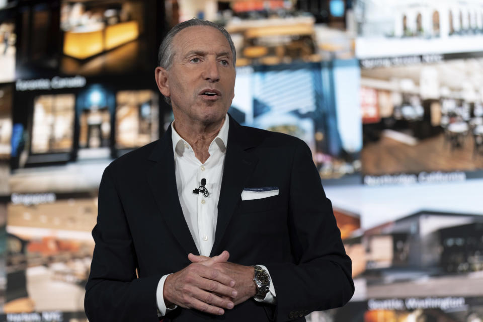 FILE - Interim CEO Howard Schultz speaks during Starbucks Investor Day 2022, Tuesday, Sept. 13, 2022, in Seattle. One year after a Starbucks in Buffalo, New York, became the first to unionize in decades - touching off a wave of labor actions at other big companies like Amazon and Chipotle - the rush to organize Starbucks stores has slowed. (AP Photo/Stephen Brashear, File)