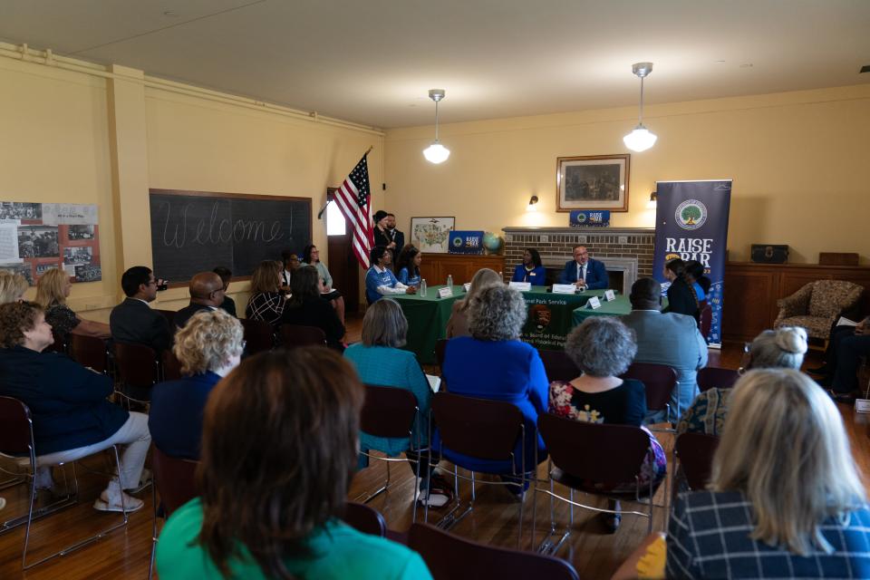 Topeka Public Schools superintendent Tiffany Anderson, middle left, and U.S. secretary of education Miguel Cardona, middle right, have a panel discussion at the Brown v. Board of Education National Historic Site on Tuesday during Cardona's stop in Topeka.