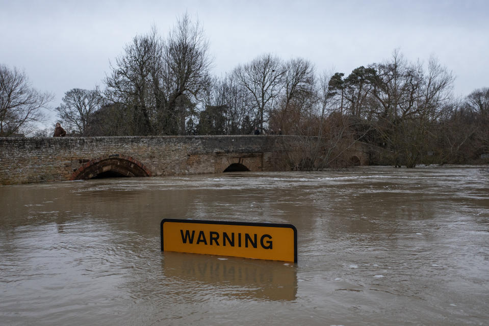 HARROLD, UNITED KINGDOM - JANUARY 04: Water levels remain high after the River Great Ouse burst its banks on January 04, 2024 in Harrold, United Kingdom. New flood warnings have been issued by the environment agency as more heavy rain is expected across the southern part of the country. Storm Henk caused widespread damage across parts of the UK, with winds of more than 90mph sweeping across some regions. Billings Aquadome Holiday Park was evacuated yesterday as mobile homes were submerged in flood water. (Photo by Dan Kitwood/Getty Images)