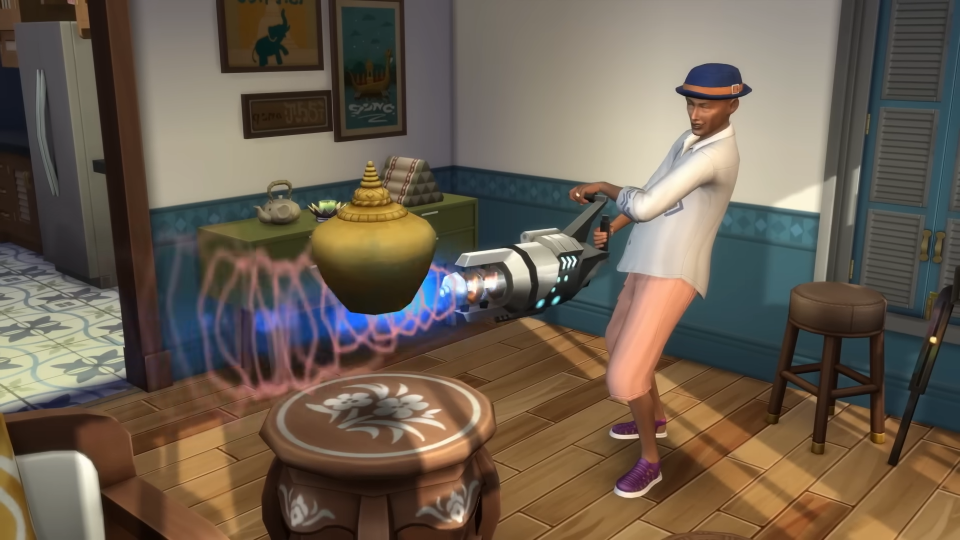 The Sims 4: For Rent - a landlord Sim fires a big laser at a levitating vase