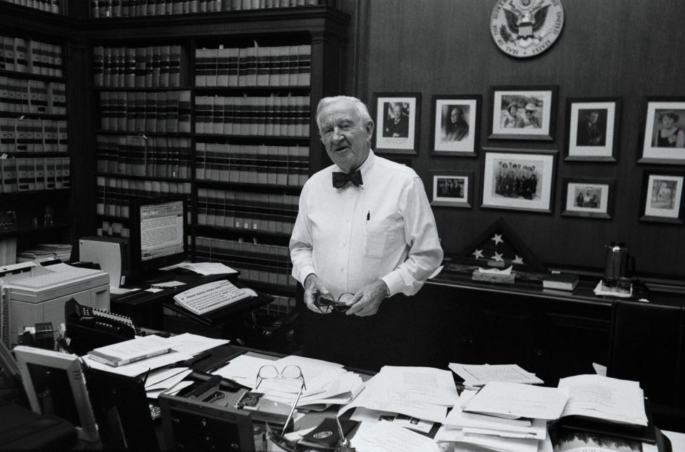 Justice Stevens poses for a portrait in his chambers at the Supreme Court on June 17, 2002.