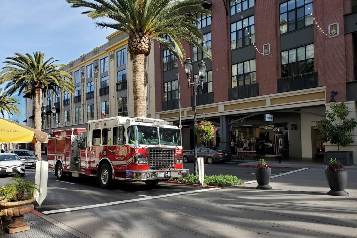 San Jose Fire Department fire engine drives down Santana Row in the Silicon Valley, San Jose, California, January 3, 2020. (Photo by Smith Collection/Gado/Getty Images)