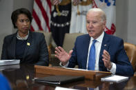 FILE - Washington Mayor Muriel Bowser listens as President Joe Biden speaks during a meeting on reducing gun violence, in the Roosevelt Room of the White House, July 12, 2021, in Washington. The expected move next week in Congress to overturn District of Columbia laws dealing with crime and voting reflects a larger political dynamic playing out across the country. (AP Photo/Evan Vucci, File)