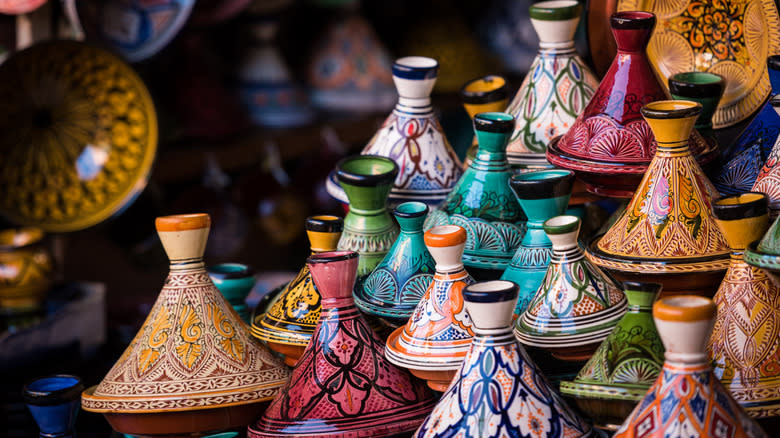Colorful display of tagine pots