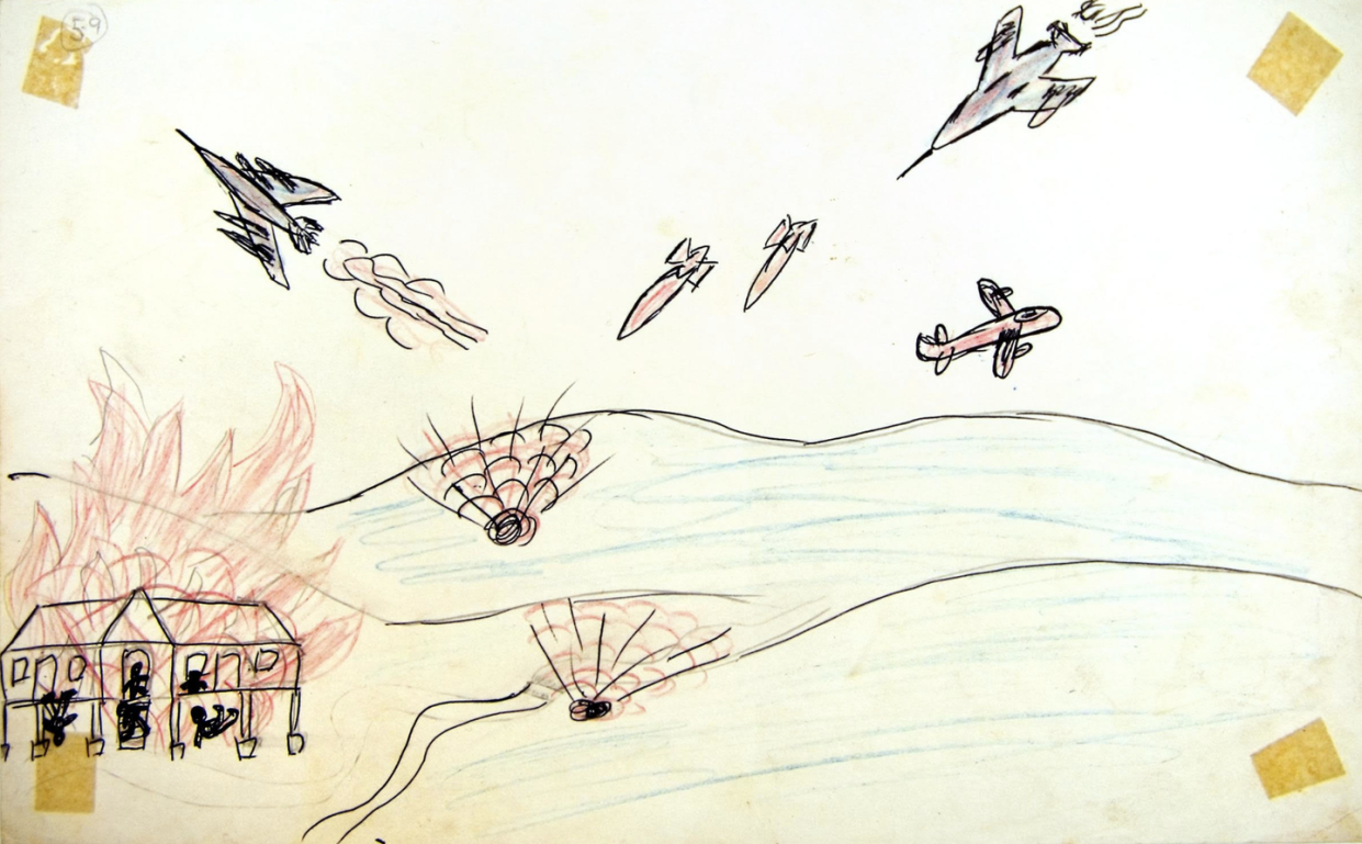 <span class="caption">In 1970, a 16-year-old Laotian boy drew a picture of his school being bombed. 'Many people' died, he wrote, 'But I didn't know who because I wasn't courageous enough to look.'</span> <span class="attribution"><span class="source">Legacies of War</span>, <a class="link " href="http://creativecommons.org/licenses/by-sa/4.0/" rel="nofollow noopener" target="_blank" data-ylk="slk:CC BY-SA;elm:context_link;itc:0;sec:content-canvas">CC BY-SA</a></span>