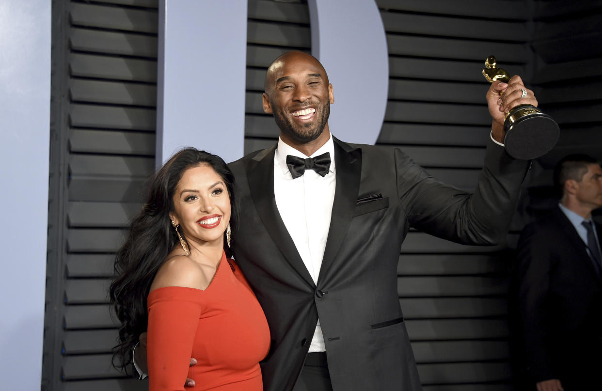 Vanessa and Kobe Bryant, winner of the award for best animated short for “Dear Basketball”, arrive at the Vanity Fair Oscar Party on Sunday, March 4, 2018, in Beverly Hills, California. (Evan Agostini/Invision/AP)