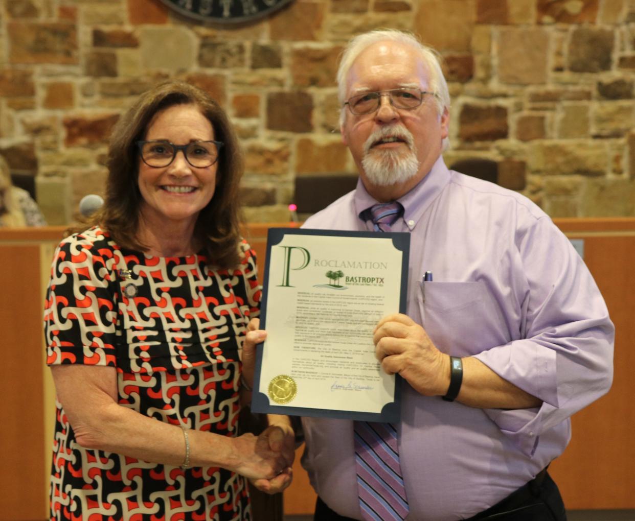 In 2019, Mayor Connie Schroeder presented a proclamation on Air Quality Awareness Week in Bastrop to Mayor Pro Tem Lyle Nelson, who was the city's representative on the Capital Area Council of Government and the Air Quality Board. Nelson is now succeeding Schroeder as Bastrop mayor.