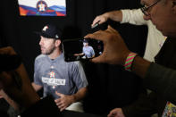 Houston Astros starting pitcher Justin Verlander talks to the media during a practice day for baseball's World Series Monday, Oct. 21, 2019, in Houston. The Houston Astros face the Washington Nationals in Game 1 on Tuesday. (AP Photo/Eric Gay)