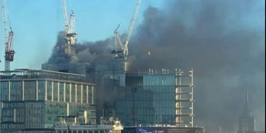 An unfinished building is on fire in Moscow