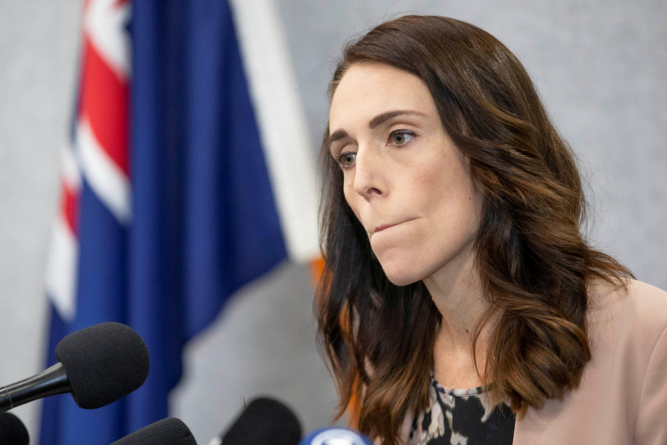 New Zealand Prime Minister Jacinda Ardern pauses during a news conference prior to the anniversary of the mosque attacks that took place the prior year in Christchurch