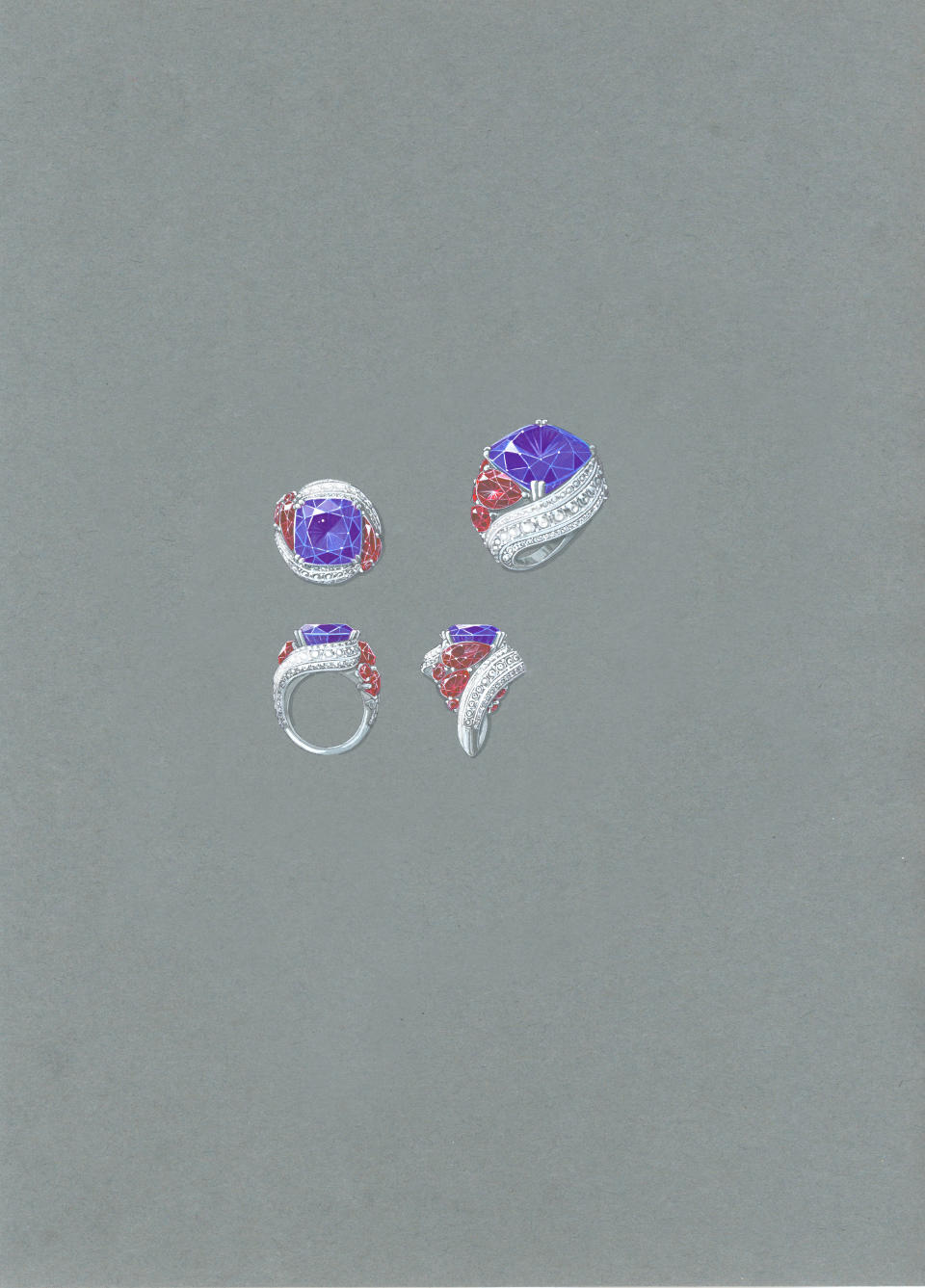 A gouache painting of the spinel coronation ring by David Morris.<br><br>