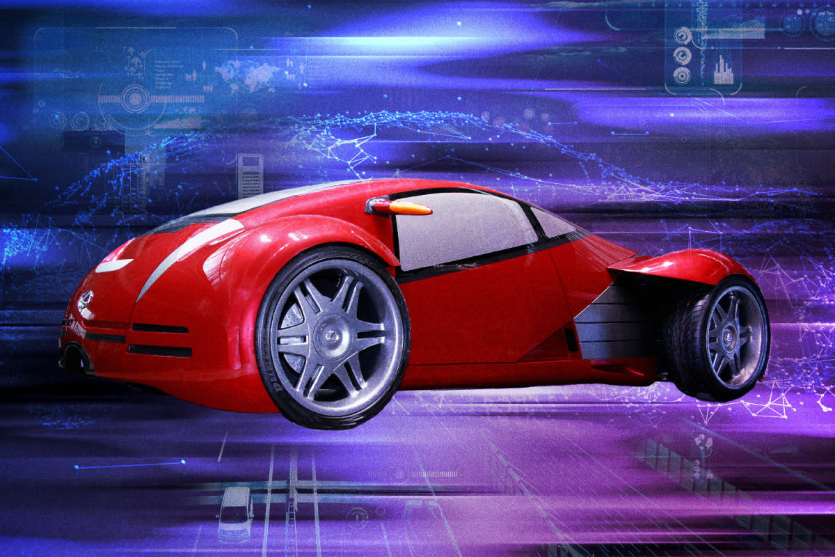 The red Lexus 2054 electric vehicle from "Minority Report" over a purple background