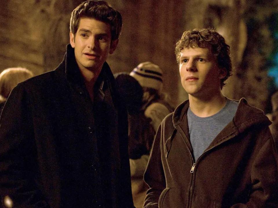 Andrew Garfield as Eduardo Saverin and Jesse Eisenberg as Mark Zuckerberg in "The Social Network."