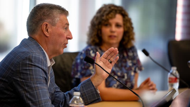 Candidates Bruce Hough and Celeste Maloy take part in the first of 10 debates for the Republican primary race to replace Rep. Chris Stewart, R-Utah, at Farmington City Hall on Friday, Aug. 4, 2023.
