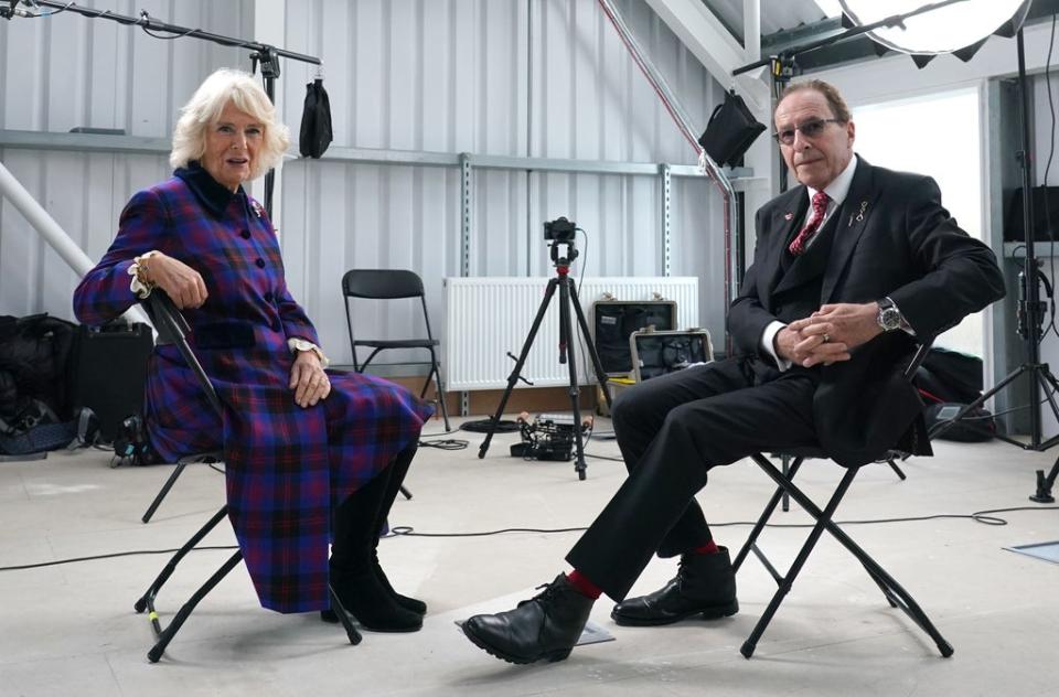 Camilla speaking to Peter James on the set of Grace (Gareth Fuller/PA) (PA Wire)