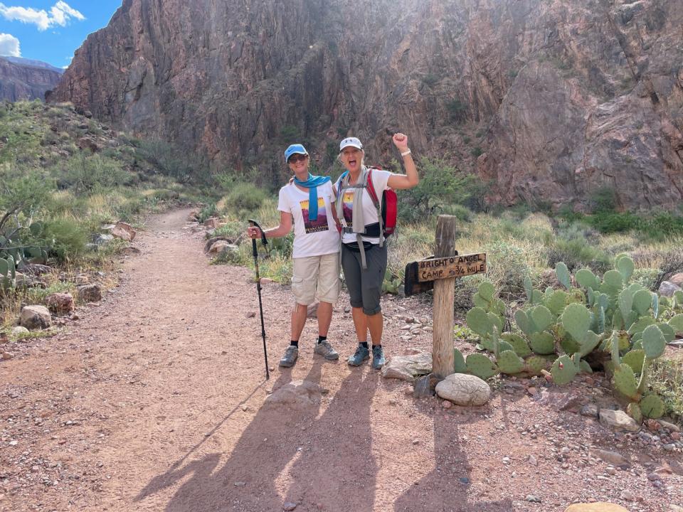 Fran Anderson, 81, and her daughter Brenda Sibley celebrate after finding a second wind at the bottom of the Grand Canyon on Sept. 3, 2023.