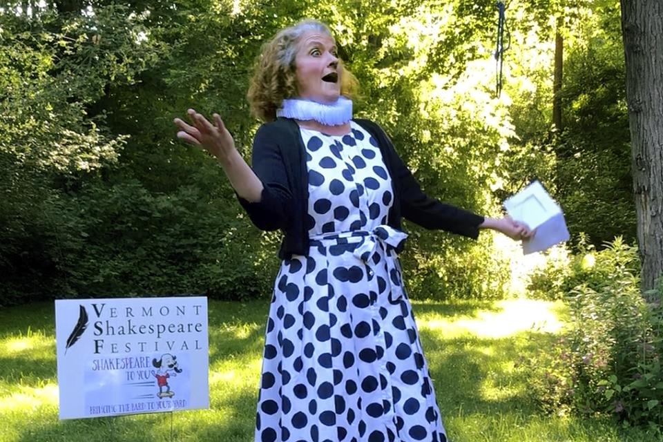 Jena Necrason, of the Vermont Shakespeare Festival, performs "Shakespeare," in a backyard, Thursday, June 25, 2020, in Burlington, Vt. The idea for the program, known as "Shakespeare to You," or "Bard to Your Yard," was conceived as a way to keep live theater alive at a time when many social activities are being postponed or canceled amid the coronavirus pandemic. (AP Photo/Wilson Ring)