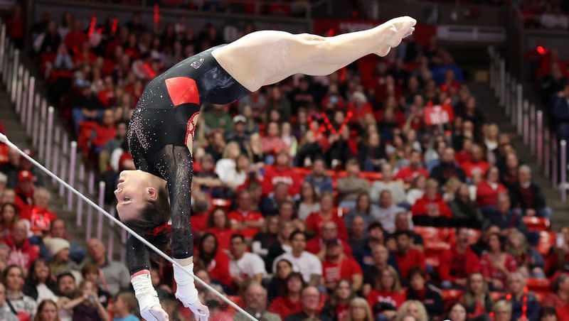 Utah’s Sage Thompson performs her bars routine during a gymnastics meet against Arizona at the Huntsman Center in Salt Lake City, on Friday, March 3, 2023. Thompson announced Tuesday, May 30, that she is transferring to Oregon State.