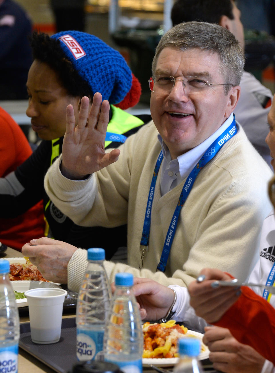 IOC President Thomas Bach visits the Olympic Village prior to the 2014 Winter Olympics in Sochi, Russia, on Saturday, Feb. 1, 2014. (AP Photo/Pascal Le Segretain, Pool)