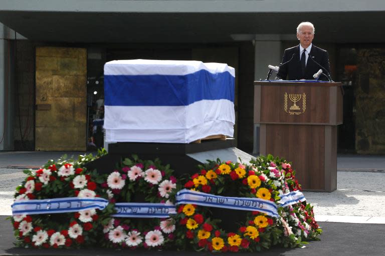 US Vice President Joe Biden delivers a eulogy for former Israeli premier Ariel Sharon during the state memorial service at the Knesset (the Israeli Parliament) in Jerusalem, on January 13, 2014