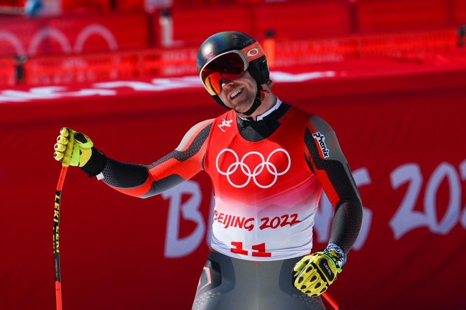 Norway's Aleksander Aamodt Kilde reacts after competing in the men's downhill final during the 2022 Winter Olympic Games at the Yanqing National Alpine Skiing Centre in Yanqing on February 7, 2022. (FRANCOIS-XAVIER MARIT/AFP via Getty Images)