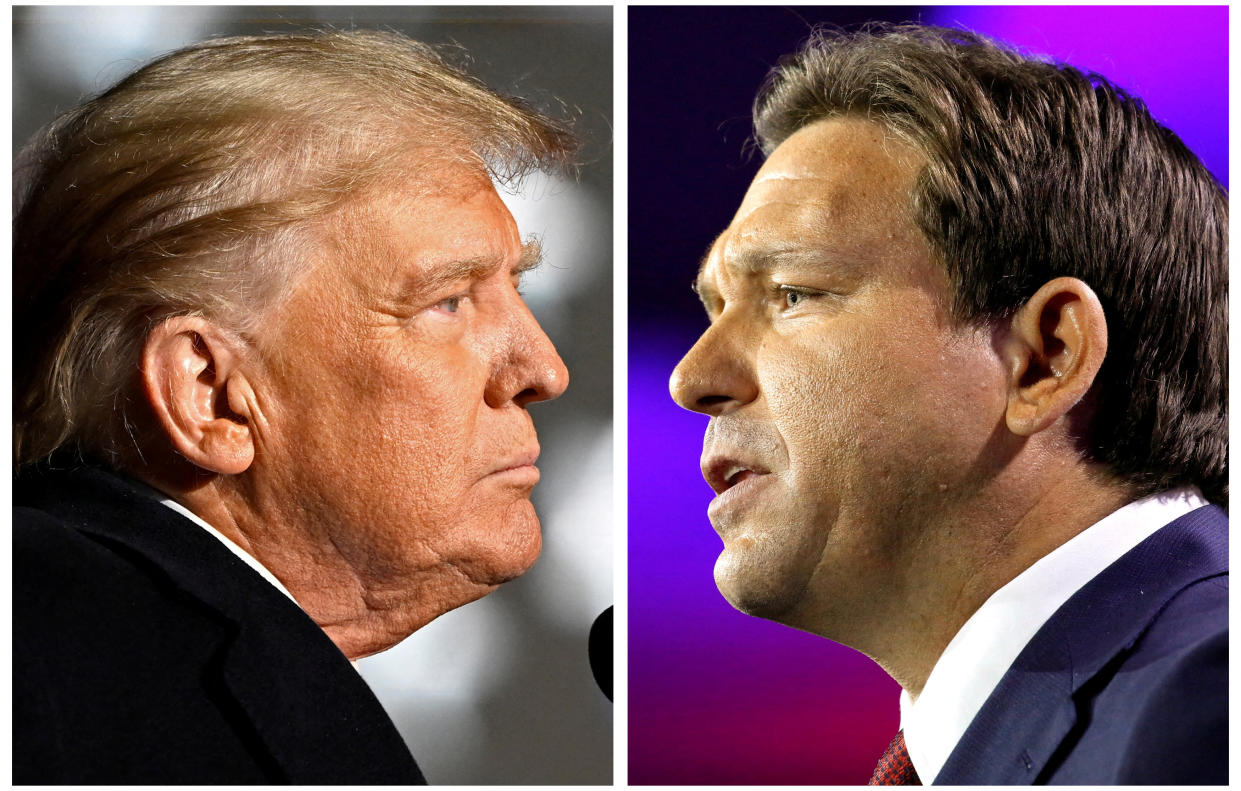 Ex-President Donald Trump, in close-up, looks pensive and Florida Gov. Ron DeSantis, also in close-up, makes a measured comment. 