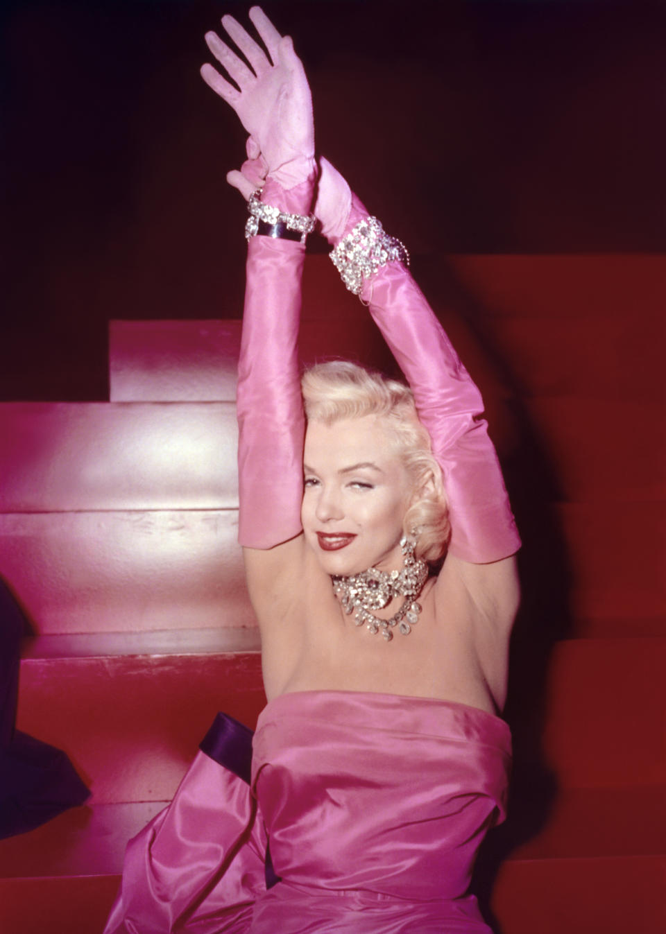 American actress and singer Marilyn Monroe on the set of Gentlemen Prefer Blondes directed by Howard Hawks. (Photo by Sunset Boulevard/Corbis via Getty Images)