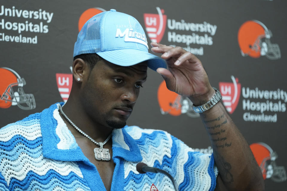 Cleveland Browns quarterback Deshaun Watson pauses during a news conference following an NFL preseason football game against the Kansas City Chiefs Saturday, Aug. 26, 2023, in Kansas City, Mo. The Chiefs won 33-32. (AP Photo/Ed Zurga)