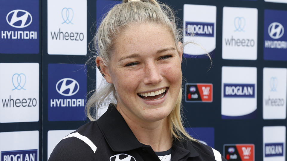 Tayla Harris is still searching for a new AFLW club after contract negotiations broke down. (Photo by Darrian Traynor/Getty Images)